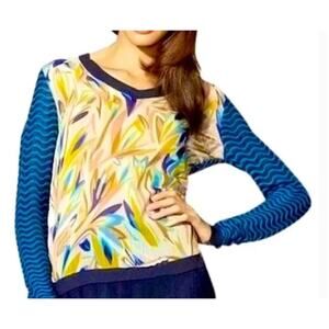MISSONI Top Mixed Media Artsy Floral Retro Blouse Blue Zig Zag Pattern Size XL
